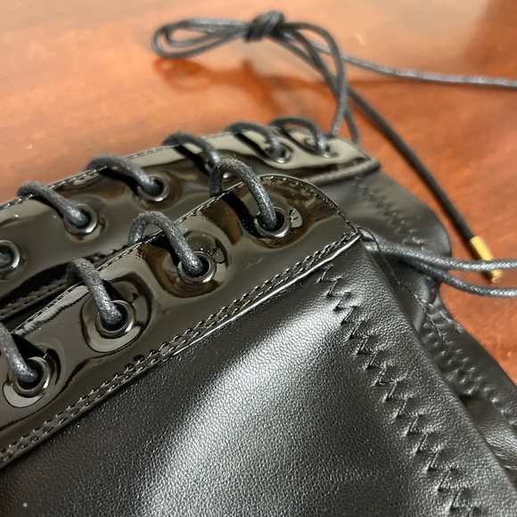 Azalea Wang thigh high Black stretch Faux Patent Lace Up Over Knee combat Boots - Picture 4 of 14